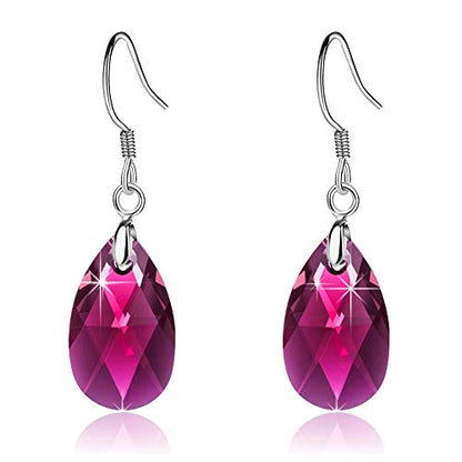Austrian Crystal Teardrop Drop Earrings for Women, French Hook | 925 Sterling Silver Hook, Crystal Dangle Earrings, Sparkly Teardrop Stone, Lightweight Feel, Day-To-Evening Wear - color: Fuchsia