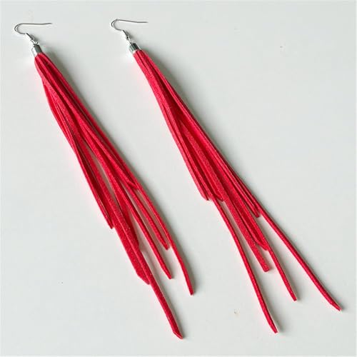 Leather Tassel Earrings Bohemian Tassel Fringe Dangle Earrings Boho Handmade Leather Feather Long Tassel Earrings Western Jewelry for Women - color: Red
