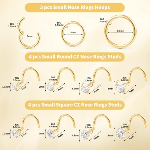 20g Nose Rings Studs and 18g Nose Rings Hoops for Women Men: Hypoallergenic Surgical Stainless Steel Threadless Corkscrew/L Shape/Straight Nose Studs Round Square Simulated Diamond CZ 1.5/2/2.5/3mm Nose Bone Studs Hinged Clicker Segment Nose Hoops Septum