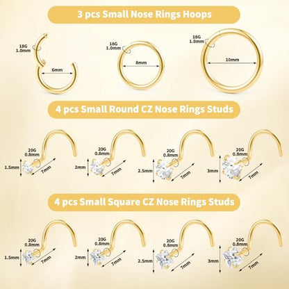 20g Nose Rings Studs and 18g Nose Rings Hoops for Women Men: Hypoallergenic Surgical Stainless Steel Threadless Corkscrew/L Shape/Straight Nose Studs Round Square Simulated Diamond CZ 1.5/2/2.5/3mm Nose Bone Studs Hinged Clicker Segment Nose Hoops Septum