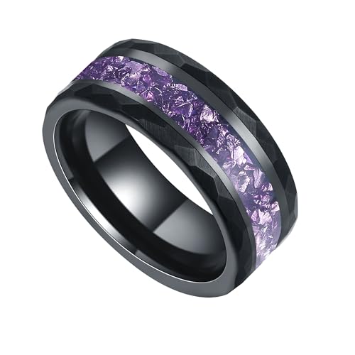 8mm Black Tungsten Mens Wedding Band with Moss Agate/Emerald/Citrine | Amethyst/Aquamarine, Gothic, Birthstone, Hammered, Engagement Promise Ring, Anniversary Valentine Day Birthday Gift for Him - style: Amethyst