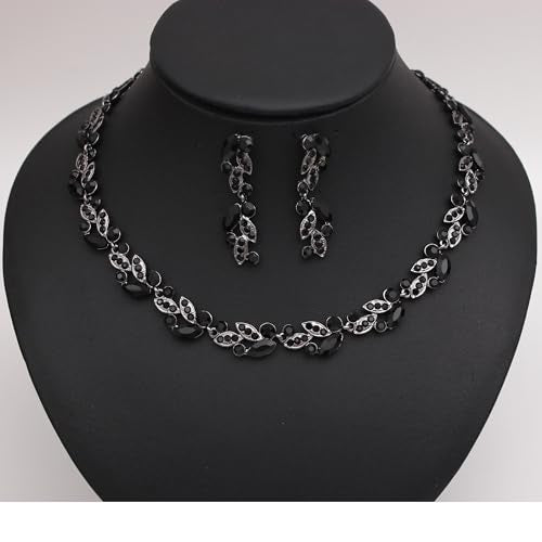 QLLYHLH Woman’s Brides Bridesmaid Leaf Choker Necklace Dangle Earrings Link Bracelet Austrian Crystal Wedding Jewelry Set Prom Costume Party Events | Brides, Bridesmaid, Prom, Events, Costume Party, Leaf - color: Black-Gun Plated