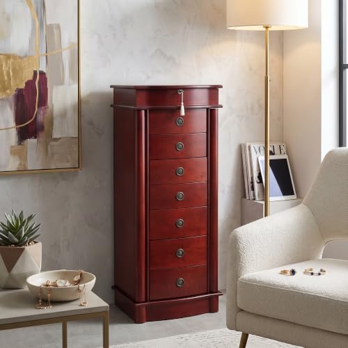 Hives and Honey Noelle Standing Jewelry Armoire, Locking Organizer with Mirror, 7 Drawers, Side Doors, Necklace Hooks, Ring Rolls, Jewelry Box for Earrings, Bracelets, and More - color: Cherry