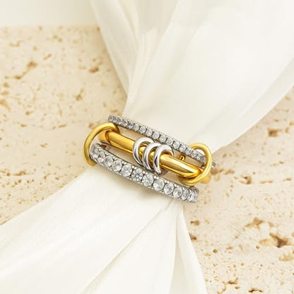 Gold Stackable Rings for Women Non Tarnish, 18k Gold Plated Cubic Zirconia Rings, Silver Gold Multi Ring Mixed Metals Stack Rings Set - color: 2 stones rings, size: 9