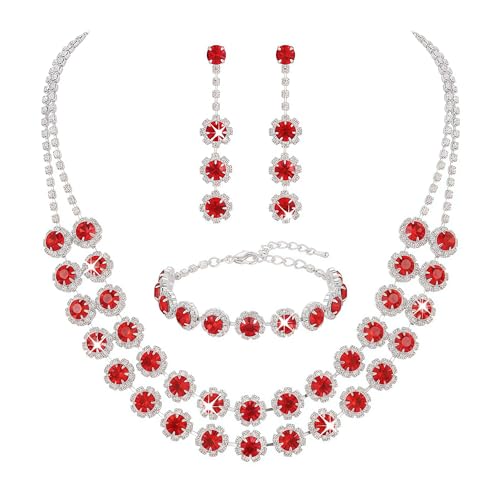 Rhinestone Bridal Wedding Jewelry Set，Crystal Necklace Earrings Bracelet Sets Formal Costume Jewelry for Women and Brides - color: RED