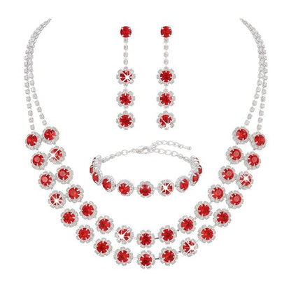 Rhinestone Bridal Wedding Jewelry Set，Crystal Necklace Earrings Bracelet Sets Formal Costume Jewelry for Women and Brides - color: RED