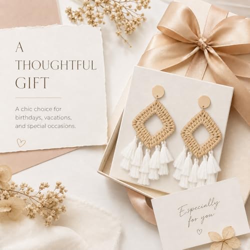 Handmade Raffia Rattan Bohemian Dangle Earrings for Women, Woven Rattan Round Drop Dangle Earrings Beach Jewelry - color: Tassel