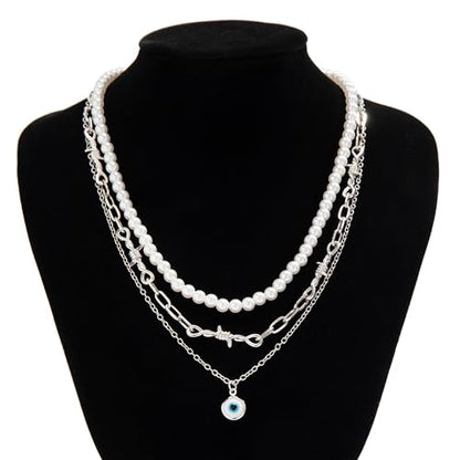 925 Sterling Silver Necklace for Women Trendy, Charming Layered Necklace with Cubic Zirconia Pendant for Her Womens Dainty Diamond Choker Necklaces Holiday Jewelry Gifts for Mom Wife Daughter Lover - color: Evil Eye Necklace-silver03