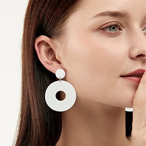 Unique Minimalist 80s 90s Boho Black White Huge Acrylic Hollow Round Dangle Drop Earrings Hypoallergenic Resin Geometric Stud Earrings for Women Summer Holiday Party Jewelry (White)