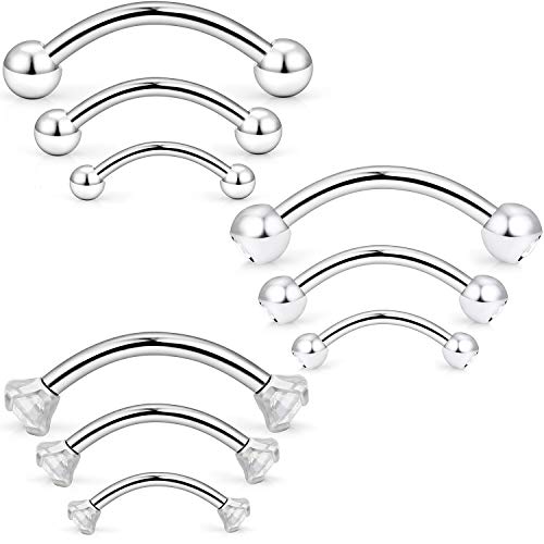 SCERRING 9-18PCS 16G Stainless Steel Eyebrow Tragus Helix Rook Daith Earrings Belly Lip Ring Clear Cubic Zirconia Barbell Body Piercing Jewelry 6mm 8mm 10mm - color: 9PCS - Silver