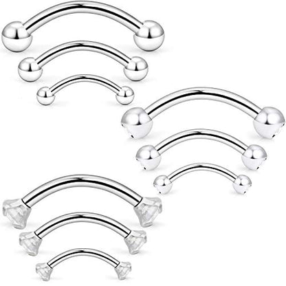 SCERRING 9-18PCS 16G Stainless Steel Eyebrow Tragus Helix Rook Daith Earrings Belly Lip Ring Clear Cubic Zirconia Barbell Body Piercing Jewelry 6mm 8mm 10mm - color: 9PCS - Silver