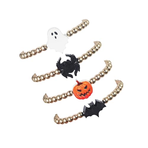 Halloween Gold Beaded Bracelets Wooden Pumpkin Ghost Bat Spider Beads Stretch Bracelet Funny Halloween Holiday Party Gifts for Women - color: E