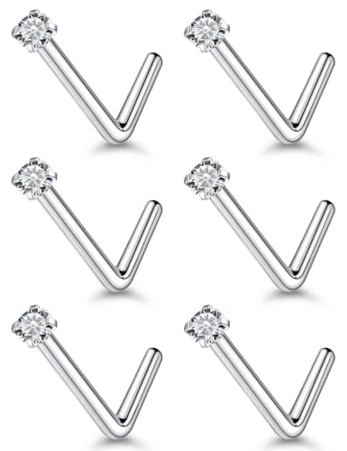6Pcs Nose Rings Studs Surgical Steel L-Shape Nose Rings for Women 1.5mm Cubic Zirconia Nostril Screw Studs Hypoallergenic Nostril Piercings 24g 22g 20g - color: L-shape,silvertone, size: 22g,1.5mm CZ