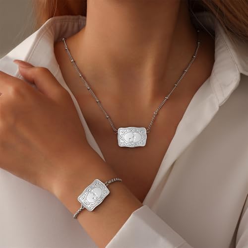 2 Pcs Belt Buckle Initial Necklace Bracelet Jewelry Set for Women, 18K Gold/Silver Plated Belt Buckle Initial A-Z Necklace Bracelet Set Unique Western Style Jewelry Gifts - style: J