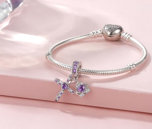 Silver Cross Birthstones Charm Fit for Pandora Charms Bracelet Crown Dangle Charms Beads Birthday Jewelry Gifts for Women - style: February