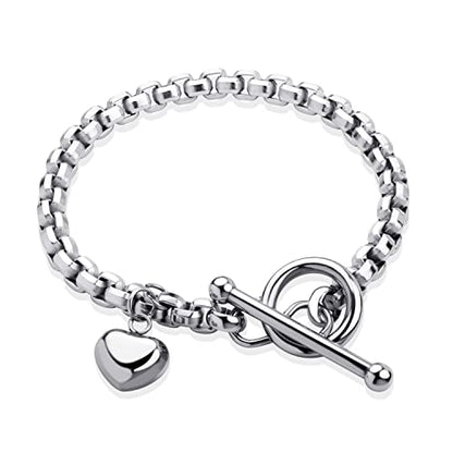 555Jewelry Stainless Steel Toggle Box Link Chain Heart Charm Bracelet for Women & Girls - color: Silver