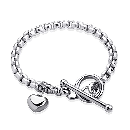 555Jewelry Stainless Steel Toggle Box Link Chain Heart Charm Bracelet for Women & Girls - color: Silver