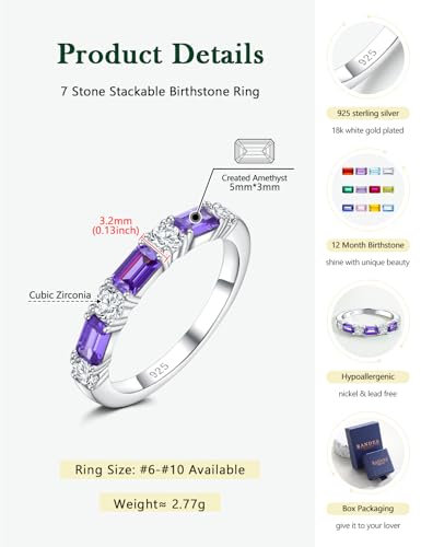 3.5mm Half Eternity Band Sterling Silver Rings for Women Sapphire/Ruby/Emerald and Cz Wedding Bands 7 Stone Stackable Birthstone Ring Anniversary Jewelry Size 6-10 - color: 02-Amethyst-Feb.