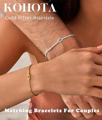 KOHOTA Silver Gold Bracelets for Women Trendy 14K Gold Plated Bracelet for Women Non Tarnish Dainty Stackable Layered Chain Heart Pearl Knot Beaded Bracelets Stack Set Charm Mothers Day Jewelry Gifts - color: A. Knot-gold silver