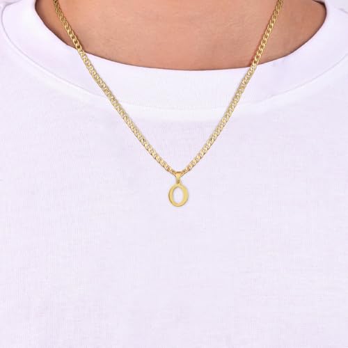 Gold Plated Initial Necklace for Men Letter Pendant Cuban Link Chain | Stainless Steel 4mm 20 Inch Chain Non Tarnish 14K A-Z Capital Name Charm Custom Jewelry Gift - color: O