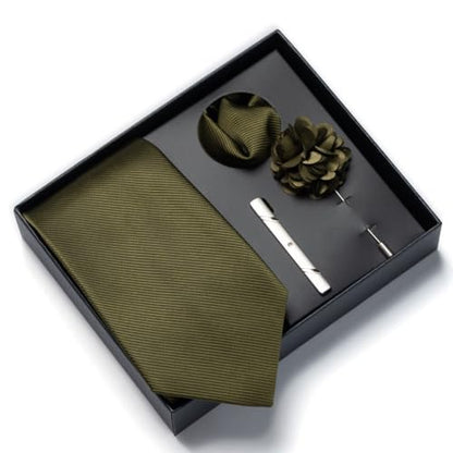 joy alice 30 Colors Solid Ties for Man Pure Color Men's Tie Set with Lapel Pin Pocket Square Tie Clip - color: Olive Green
