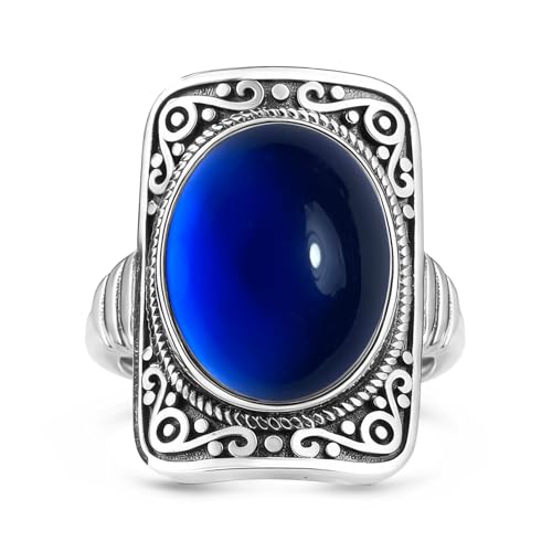 Big Oval Stone Ring,Rectangle Square Vintage Retro Sterling Silver Natural Crystal Quartz Gemstone Boho Bohemian Statement Ring Jewelry for Women Her - color: A04_Blue Corundum