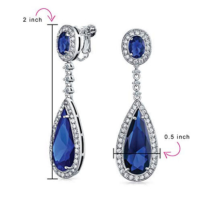 Long Cocktail CZ Halo Teardrop Chandelier Clip On Earrings Silver Plated - color: Blue