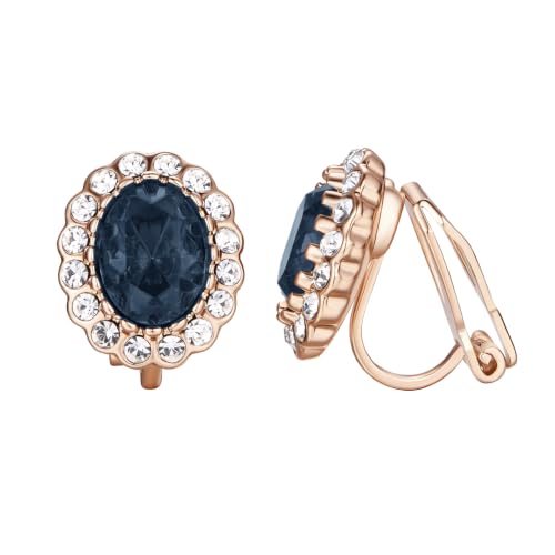 Yoursfs Vintage Crystal Clip On Earrings For Women Platinum Plated Rhinestone Clip On Earrings Non Pierced Oval Shap Cubic Zirconia Earring Hypoallergenic Jewelry - style: Navy Blue Stone Earrings