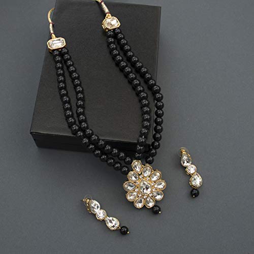 Aheli Wedding Faux Kundan Pendant Beaded Necklace Earrings Set Bollywood Indian Bharatanatyam jewellery set Gift for Women - color: Black