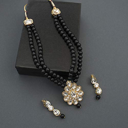 Aheli Wedding Faux Kundan Pendant Beaded Necklace Earrings Set Bollywood Indian Bharatanatyam jewellery set Gift for Women - color: Black