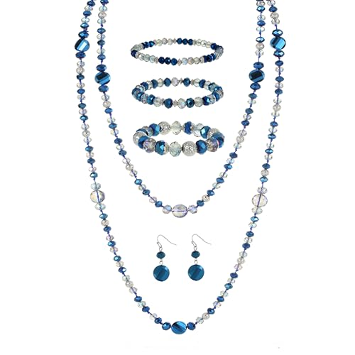 Trendy Infinity Wrap 60’’ Long Statement Necklace, Earrings and Bracelet Set - Hand Knotted Versatile Crystal and Shell Beads Strand Necklace and Chunky Beaded Stretch Bracelet Stack – Jewelry Set Gift for Women - color: Blue/Round Earrings