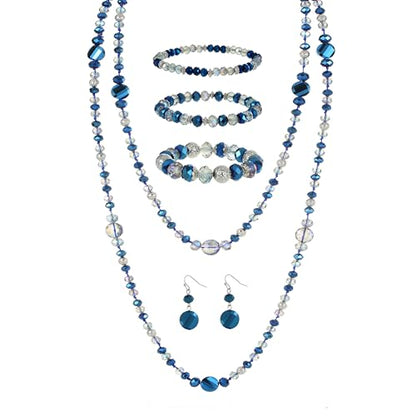 Trendy Infinity Wrap 60’’ Long Statement Necklace, Earrings and Bracelet Set - Hand Knotted Versatile Crystal and Shell Beads Strand Necklace and Chunky Beaded Stretch Bracelet Stack – Jewelry Set Gift for Women - color: Blue/Round Earrings