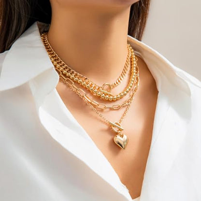 Otxas Layered Gold Necklaces for Women Non Tarnish Chunky Necklace | Stacked Necklaces for Women Heart Pendant Toggle Necklace Paperclip Chain Necklaces for Daily Wear, Party, Gift - style: Style 1