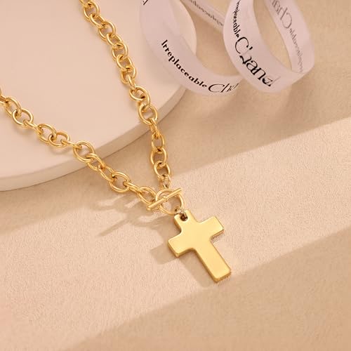 Freekiss 3-Piece Layered Toggle Necklace for Women | Gold/Silver necklace set with herringbone, rope, and paperclip chains plus a toggle clasp for layering, parties, and gifts - color: Gold Cross Necklace Style2
