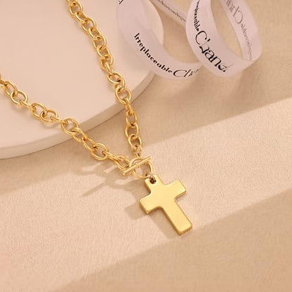 Freekiss 3-Piece Layered Toggle Necklace for Women | Gold/Silver necklace set with herringbone, rope, and paperclip chains plus a toggle clasp for layering, parties, and gifts - color: Gold Cross Necklace Style2