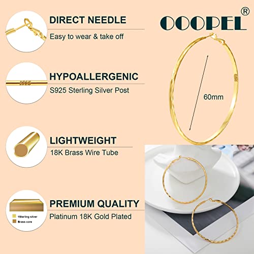 Sterling Silver Hoop Earrings - Diamond-Cut Circle Hoops, Hypoallergenic, 3mm Thin, Oversize 20/30/40/50/60mm - color: Gold,60mm