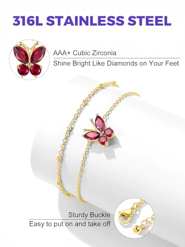 Richsteel Double Layer Heart/Butterfly Birthstone Anklet for Women | Non Tarnish Waterproof, Silver/Gold/Black Stainless Steel 8.5-10.5 Inch Adjustable Chain Anklets Summer Beach Foot Jewelry - color: Gold Butterfly-07 Jul.(Ruby)