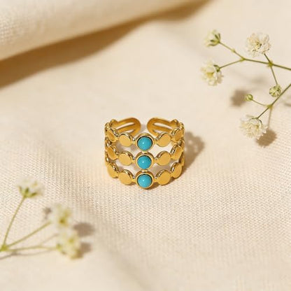 Todenb Turquoise Ring for Women，Gold Western Turquoise Open Ring Boho Stainless Steel Moon and Star Band Wrap Knuckle Rings Western Country Fashion Jewelry Accessories - color: three circle