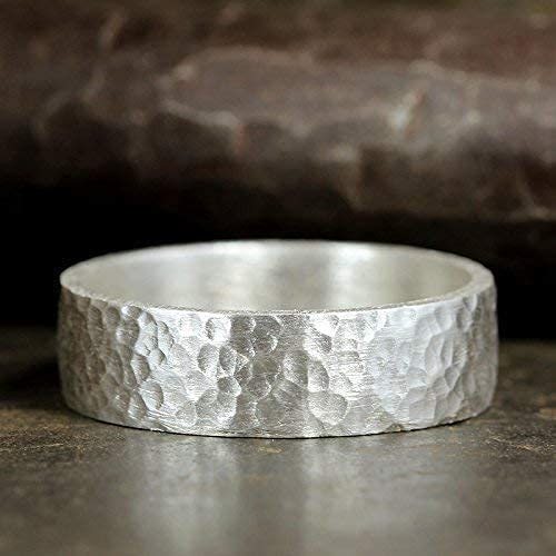 925 Sterling Silver Wedding Ring Hammered Flat Pipe Cut Textured Thick & Durable Handmade Unisex Mens & Women Rustic Engagement Promise Band - US Size 4-13 - Custom Engraving - color: 01 - 6mm Silver