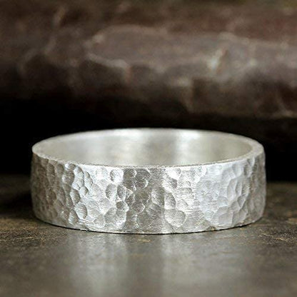 925 Sterling Silver Wedding Ring Hammered Flat Pipe Cut Textured Thick & Durable Handmade Unisex Mens & Women Rustic Engagement Promise Band - US Size 4-13 - Custom Engraving - color: 01 - 6mm Silver