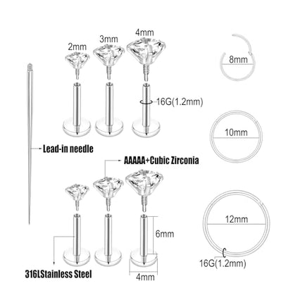 16G 18G Surgical Steel Internal Thread Stud Piercing Jewelry Set Nose Medusa Lip Labret Stud Hypoallergenic Clicker Hoop Septum Rings Cartilage Tragus Helix Conch Earrings for Women Men - color: 16G-6mm-silver