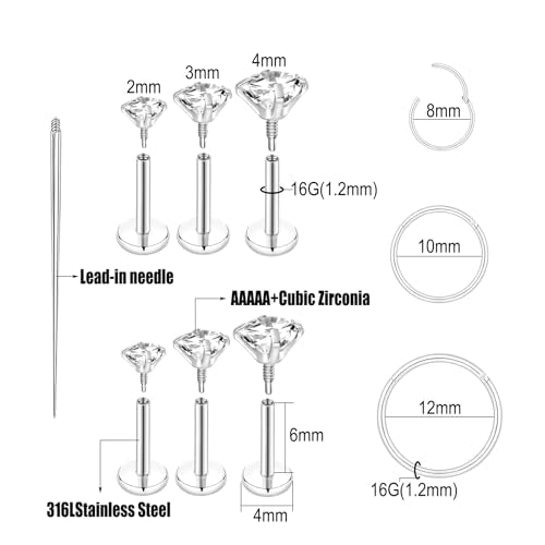 16G 18G Surgical Steel Internal Thread Stud Piercing Jewelry Set Nose Medusa Lip Labret Stud Hypoallergenic Clicker Hoop Septum Rings Cartilage Tragus Helix Conch Earrings for Women Men - color: 16G-6mm-silver
