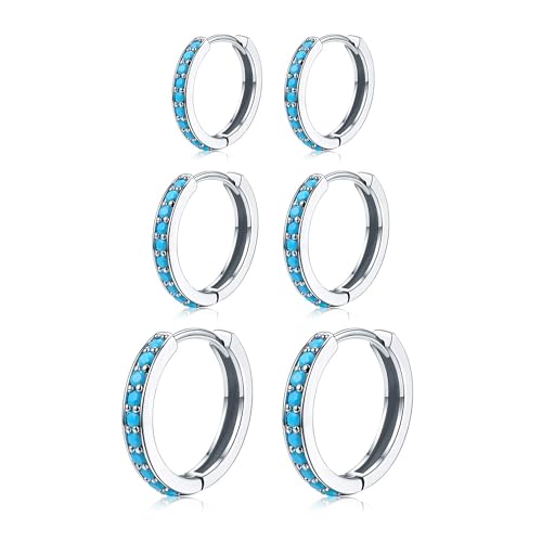 3 Pairs Mini Hoop Earrings Set Turquoise Cubic Zirconia Huggie Hoop Cartilage Earring Ear Cuff for Women (Turquoise/CZ) - color: *Turquoise