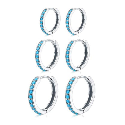 3 Pairs Mini Hoop Earrings Set Turquoise Cubic Zirconia Huggie Hoop Cartilage Earring Ear Cuff for Women (Turquoise/CZ) - color: *Turquoise