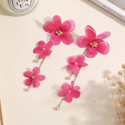 Flower Earrings for Women Long Fabric Flower Tassel Earrings Bohemian Handmade Floral Statement Earring Wedding Prom Jewelry Gifts - color: A2：hot pink