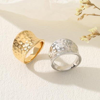 Wide Statement Hammered Band Rings for Women and Men，High 14K Gold Plated Polish Large Thumb Index Full Finger Rinds Size 5-10（Gold and Silver） - color: Silver