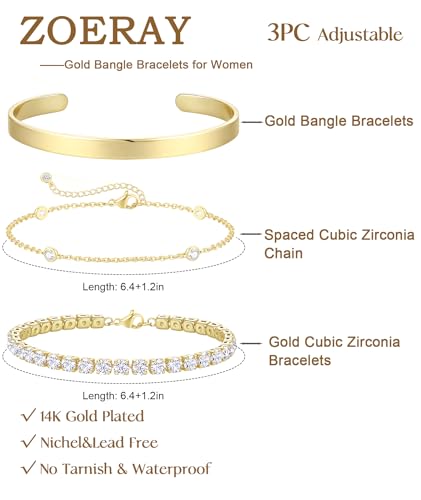 ZOERAY Silver Gold Bangle Bracelets for Women Non Tarnish 14k Gold Plated Stackable Cuff Bracelets for Women Trendy Cubic Zirconia Stainless Steel Chunky Bracelet Stack Set Waterproof Jewelry Gifts - color: D.Cubic Zirconia-Gold