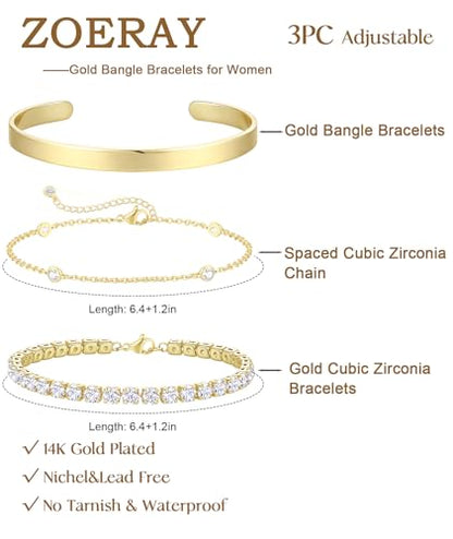 ZOERAY Silver Gold Bangle Bracelets for Women Non Tarnish 14k Gold Plated Stackable Cuff Bracelets for Women Trendy Cubic Zirconia Stainless Steel Chunky Bracelet Stack Set Waterproof Jewelry Gifts - color: D.Cubic Zirconia-Gold
