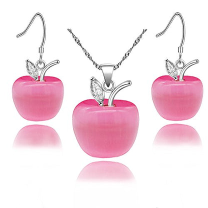Uloveido Apple Necklace and Earrings Set for Women Cute Apple Jewelry Set for Teacher Mom YL007 - color: Pink