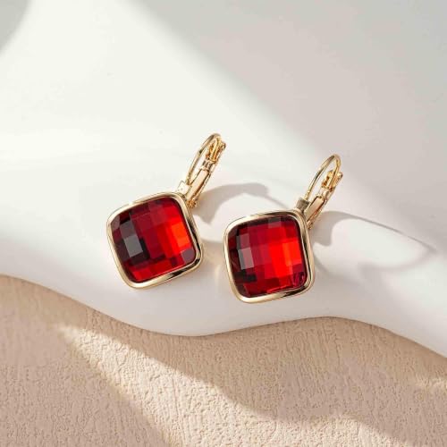 Austrian Crystal Square Leverback Drop Earrings for Women | Classic Square-Cut Crystal,14K Gold-Plated,Leverback for Easy Secure Wear,Gift Box Included,For Day and Evening Events - color: Red